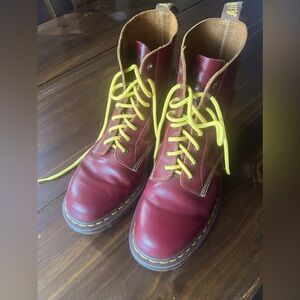 Size 12 (Euro 43) Red, 8-eye Dr. Martens with yellow laces. Amazing condition!